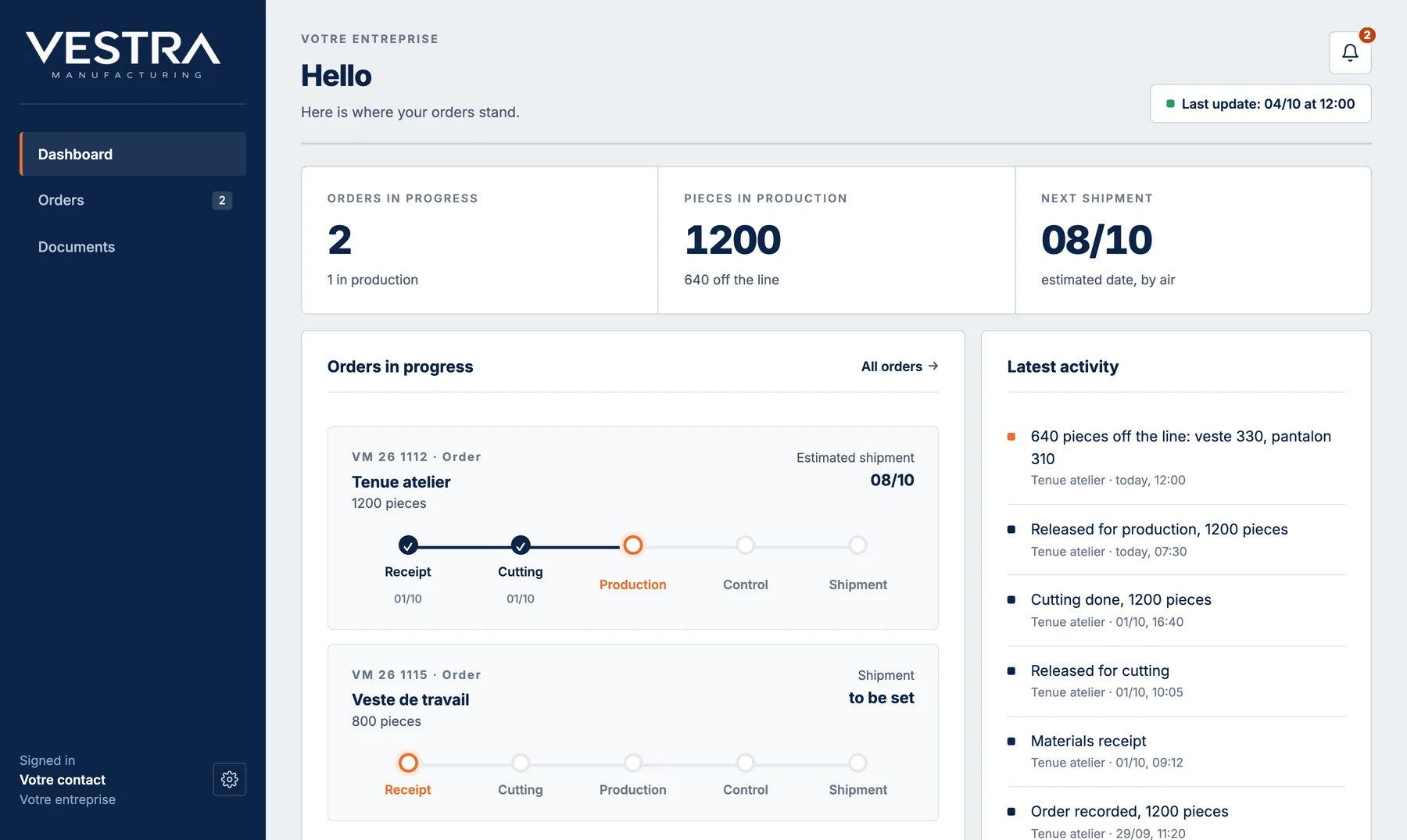 Vestra client portal dashboard