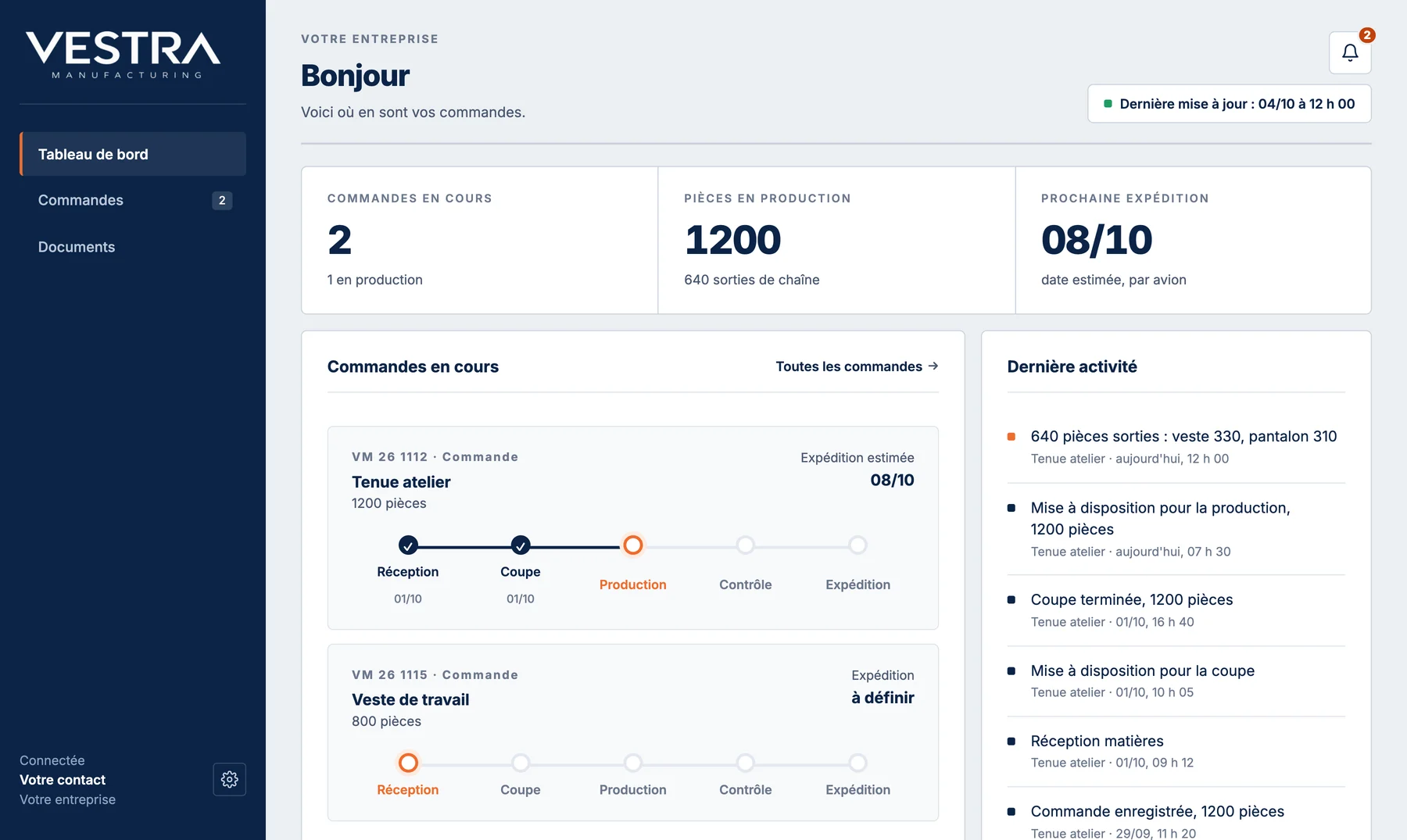 Tableau de bord de l'espace client Vestra