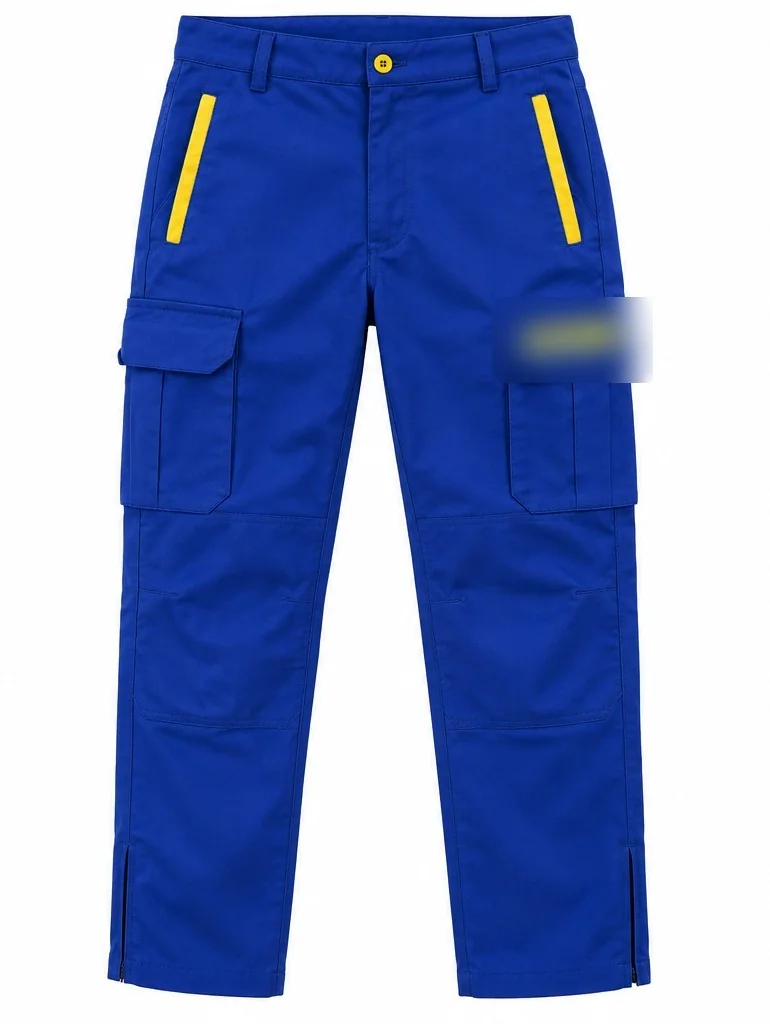Pantalon bleu, passepoils jaunes