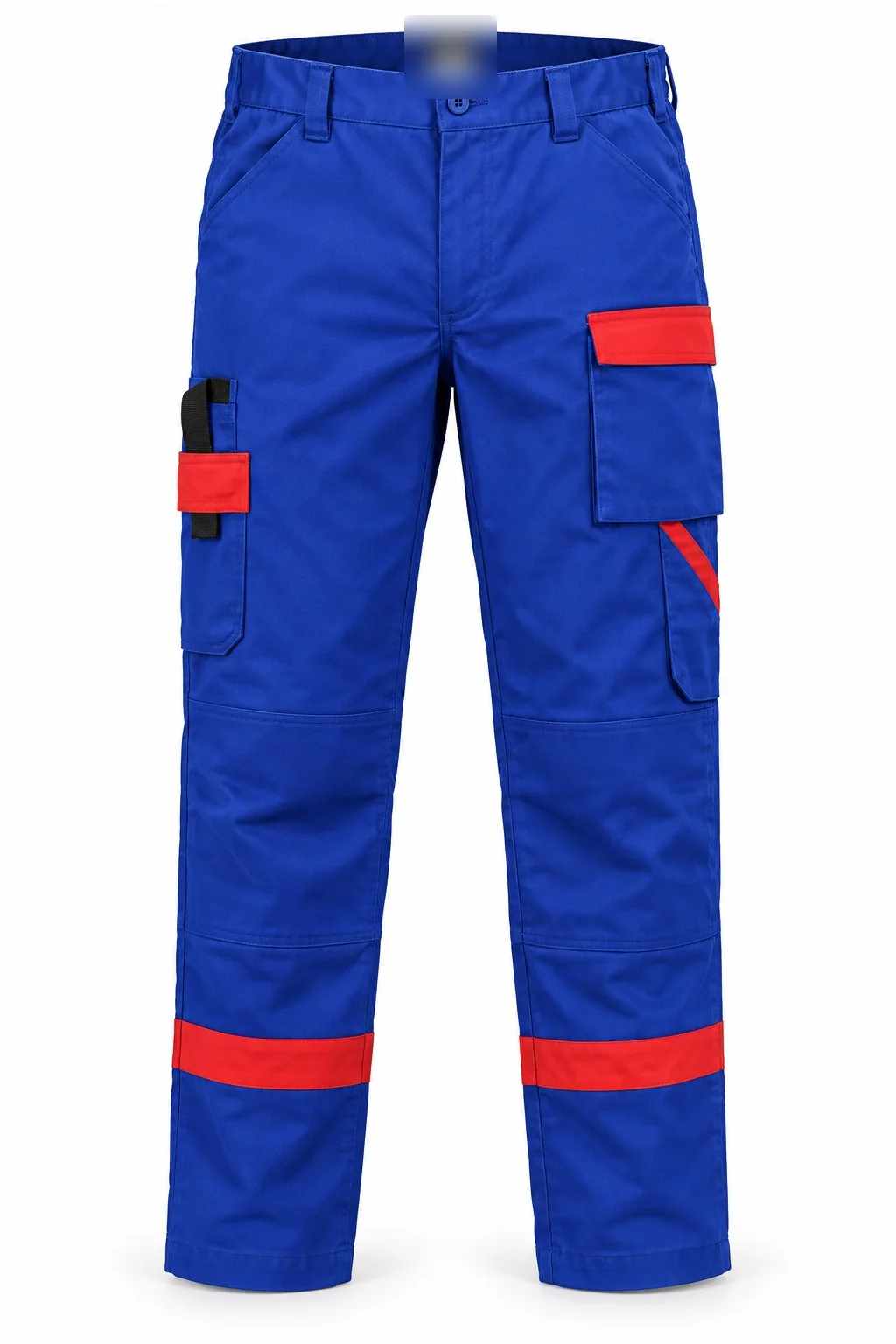 Pantalon bleu, empiècements rouges