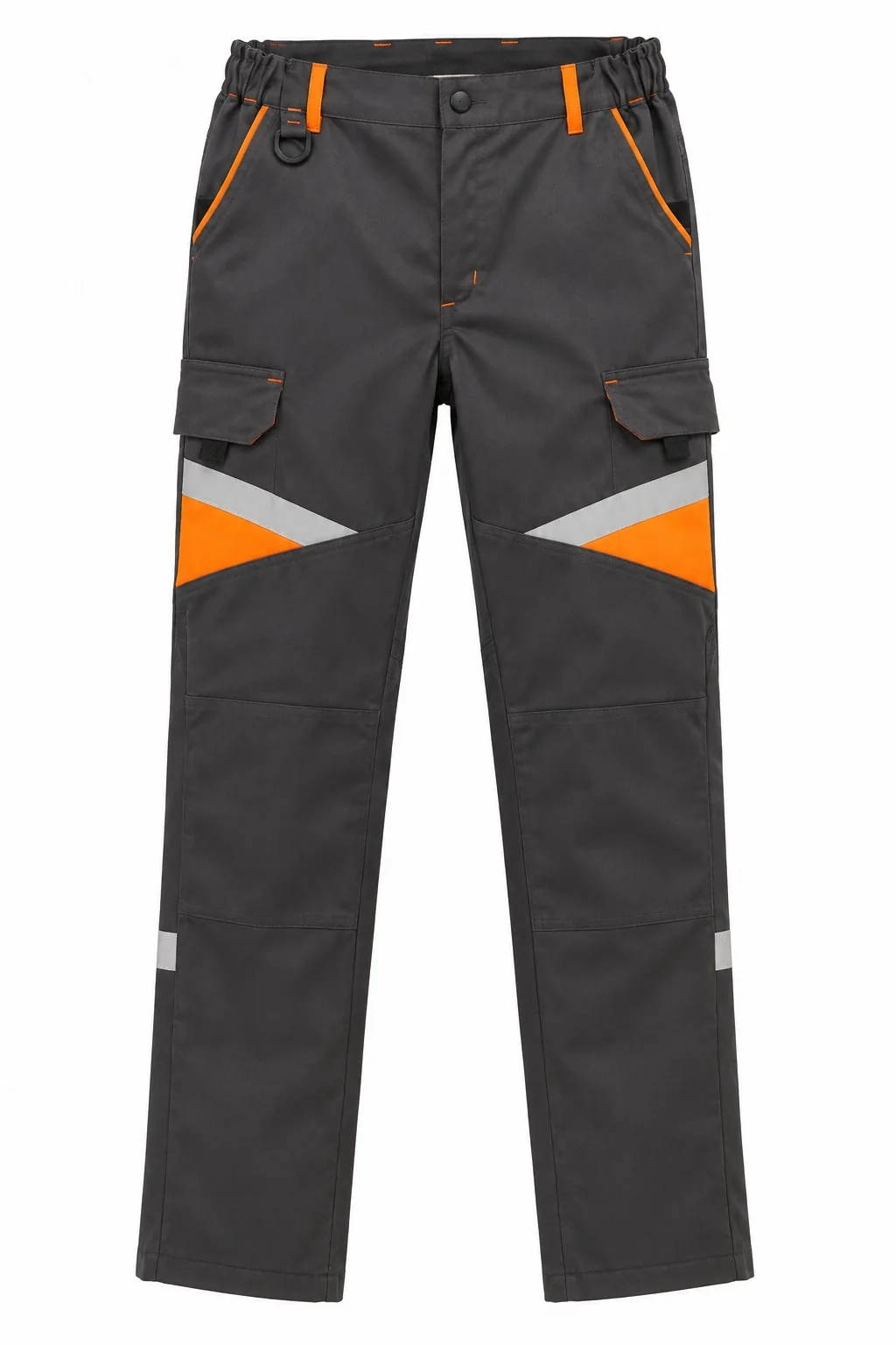 Pantalon gris, empiècements orange et bandes réfléchissantes